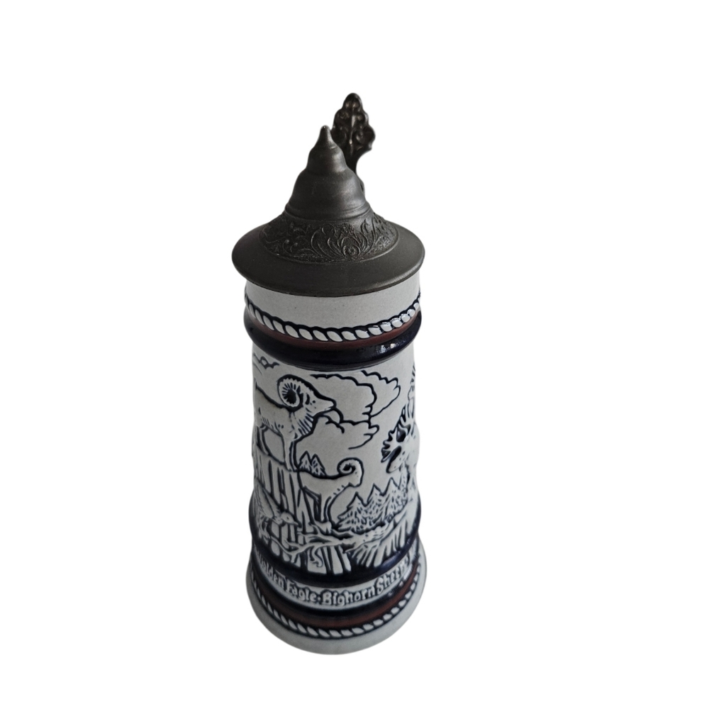 Avon Blue and White Ceramic Beer Stein with Pewter Lid - Picture 3 of 6
